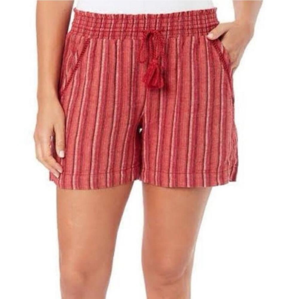 Briggs Size M Linen Rayon Blend Tassel Drawstring Red Striped Pull-On Shorts